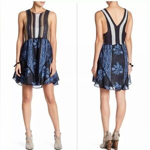 Free people Katie’s crochet Bodice mini dress Small Blue Tan Boho Fairycore